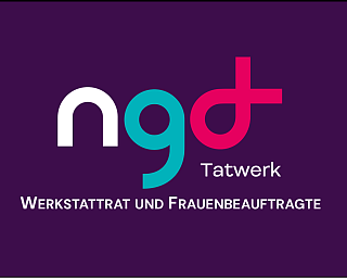 Logo mit bunten Buchstaben und Text für Werkstatt und Frauenbeauftragte.